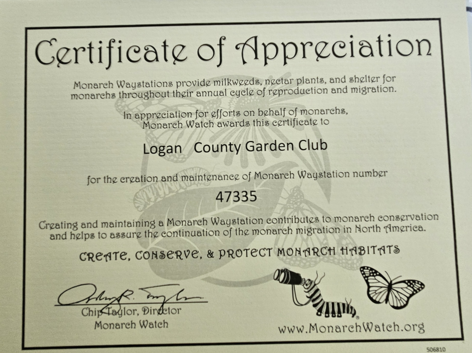 Certificate of Appreciation from Monarch Watch